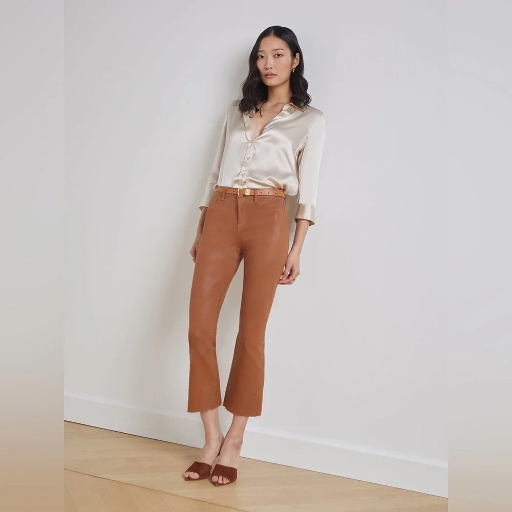 L’AGENCE Jeans Kendra Coated Cropped Flare Java Tan Denim Women Size 25 NWOT NEW - Picture 2 of 12